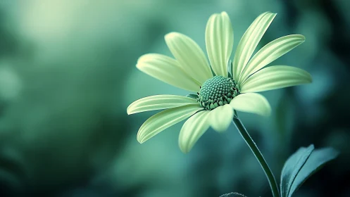 Pale Green Daisy Glowing in Soft Teal Garden Light.