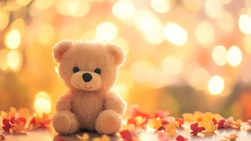Soft teddy bear in glowing bokeh autumn lights scene.
