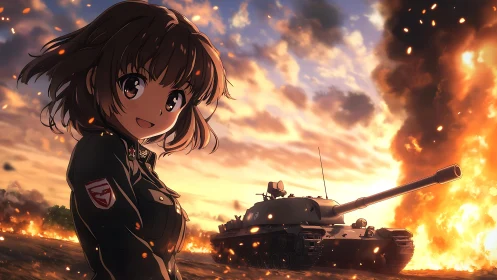 Anime tank commander girl before burning battlefield at sunset