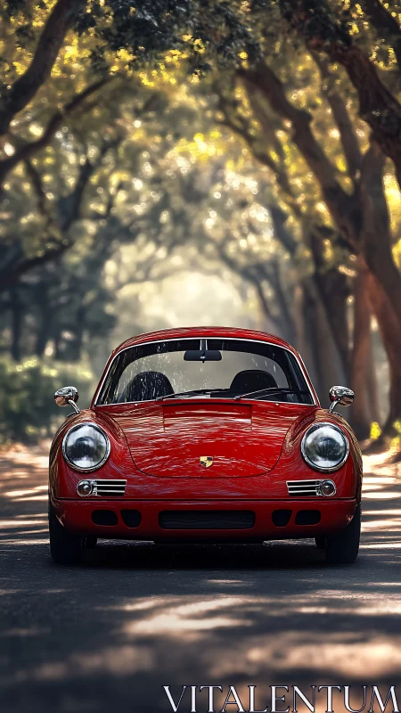 Crimson classic coupe pausing beneath a cathedral of trees.