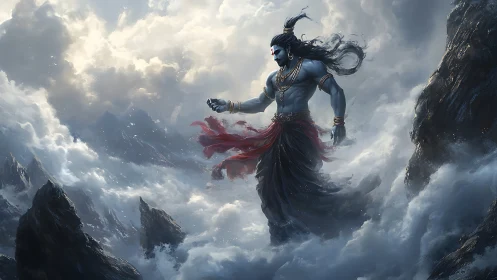 Mythic blue-skinned deity walking through storm clouds.