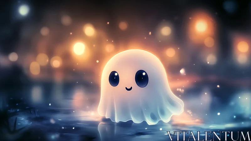 Soft-glow chibi ghost in cinematic bokeh nightscape digital painting.