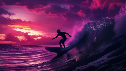 Midnight surfer carves neon tides beneath magenta storm