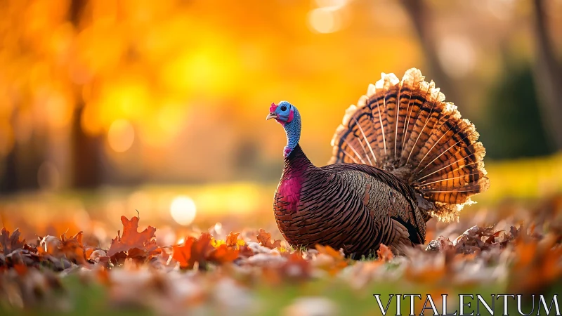Proud wild turkey strolling through glowing autumn light.