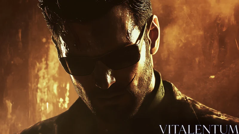 Brooding cybernetic agent against molten light backdrop.