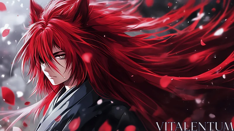 Fiery red fox warrior stands in a storm of drifting petals