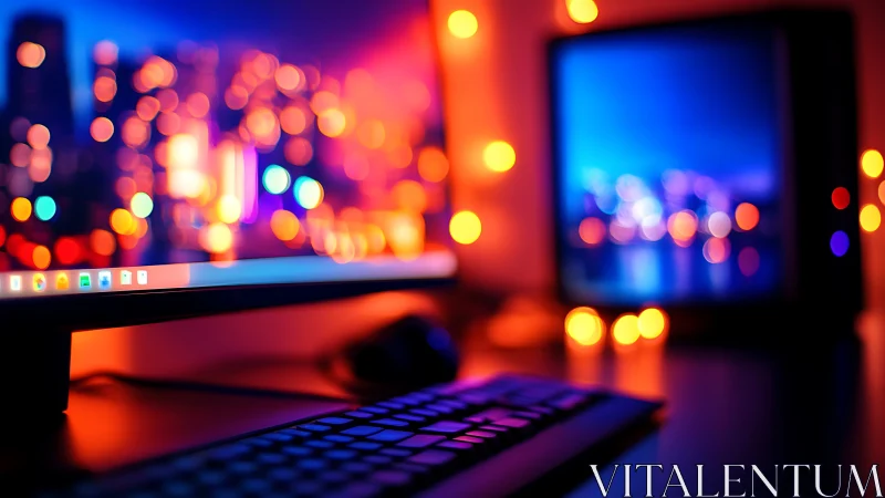Vibrant RGB desktop workspace glows with neon city ambience