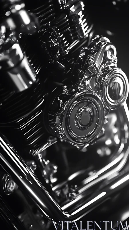 Chromed motorcycle engine detail in controlled lighting.