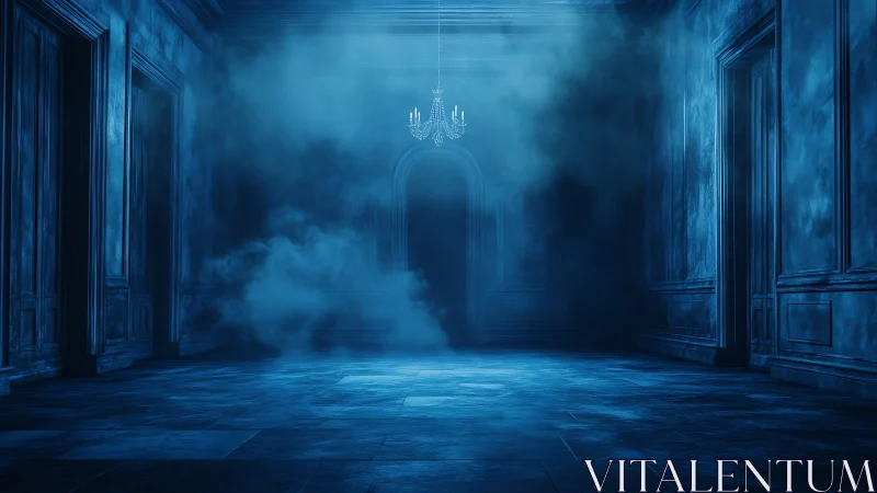 Deserted blue hallway with chandelier and dense fog.