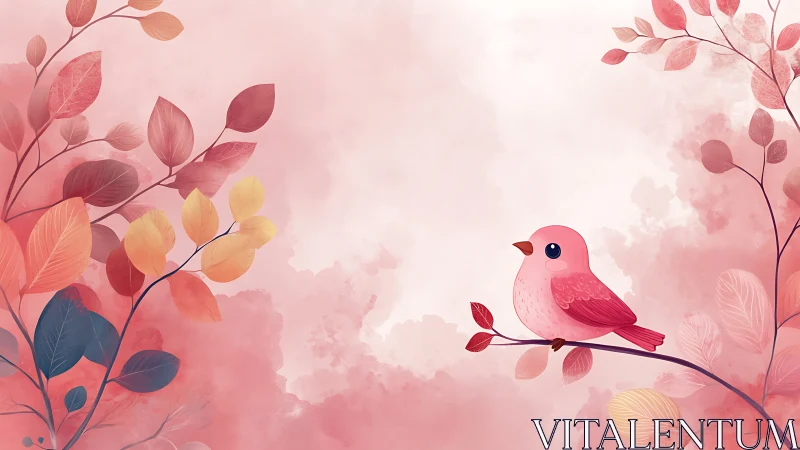 Pink Bird Perched Among Autumn Foliage in Misty Gradient.