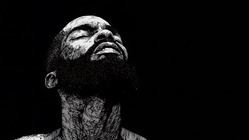 High-contrast ink portrait isolates upward gaze with dense hatching