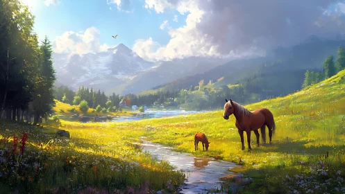 Sunlit horses wander through a wildflower alpine dreamscape.
