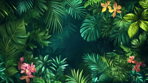 Dense tropical foliage border with central dark void space.