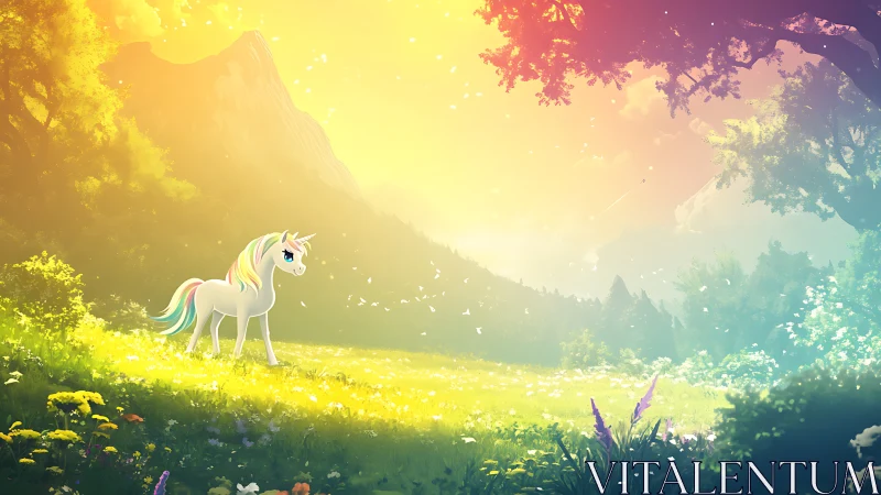 Unicorn standing in luminous meadow under forest canopy.