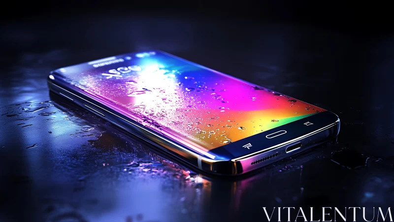 Gleaming smartphone rests in glowing neon color and cool water