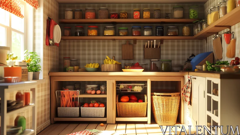 Sunlit country kitchen pantry glows with fresh produce and jars
