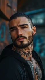 Tattooed man gazes sideways under moody urban light