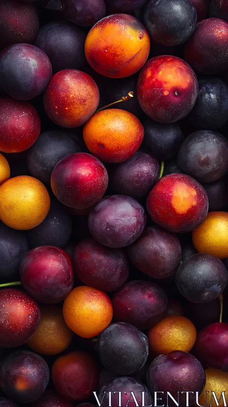 Mixed red and yellow plums in dense overhead arrangement.