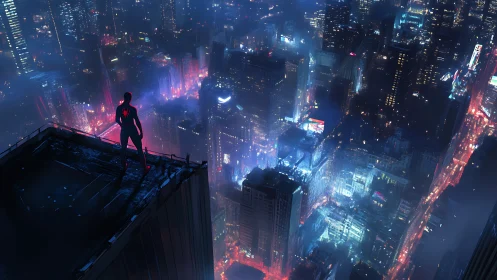 Lone masked hero overlooks neon city in midnight vigil