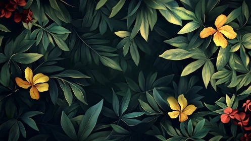 Lush tropical foliage frames glowing yellow and red flowers softly