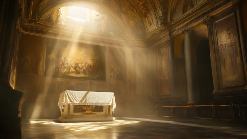 Sunlit altar in ornate baroque chapel with golden haze.