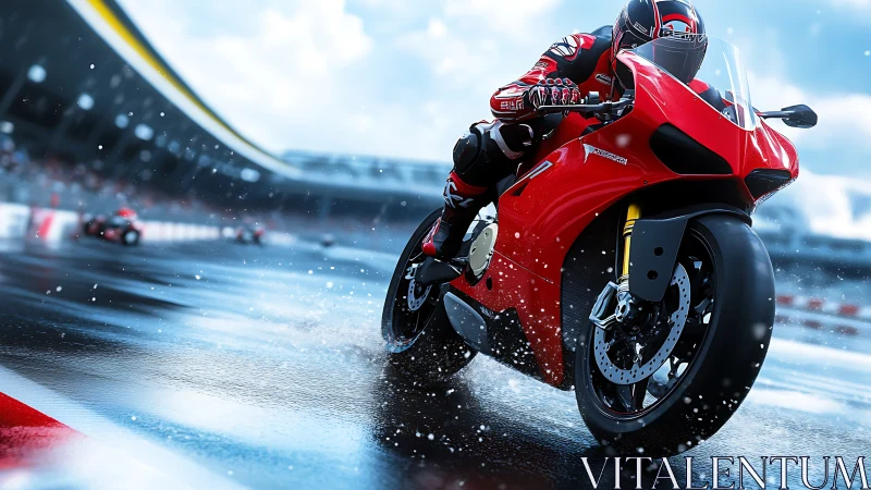 High-speed superbike leans into wet racetrack apex under dynamic spray