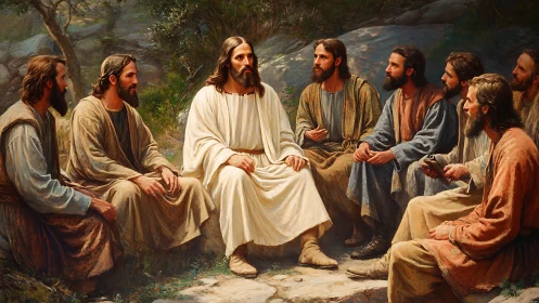 Sacred hillside circle of teacher and twelve listeners in hush.