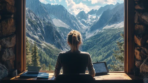 Remote worker gazing at majestic alpine valley view.