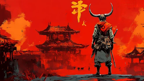 Horned warrior stands before stylized red samurai cityscape