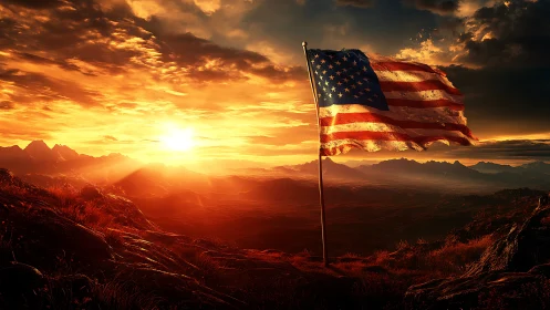 Sunrise anthem over ember mountains and a weathered flag.