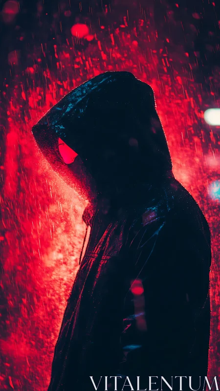 Hooded figure in backlit rain with high contrast neon red rim light