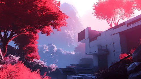 Neon magenta forest envelops a minimalist sci-fi concrete villa