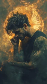 Brooding tattooed man framed by blazing golden phoenix