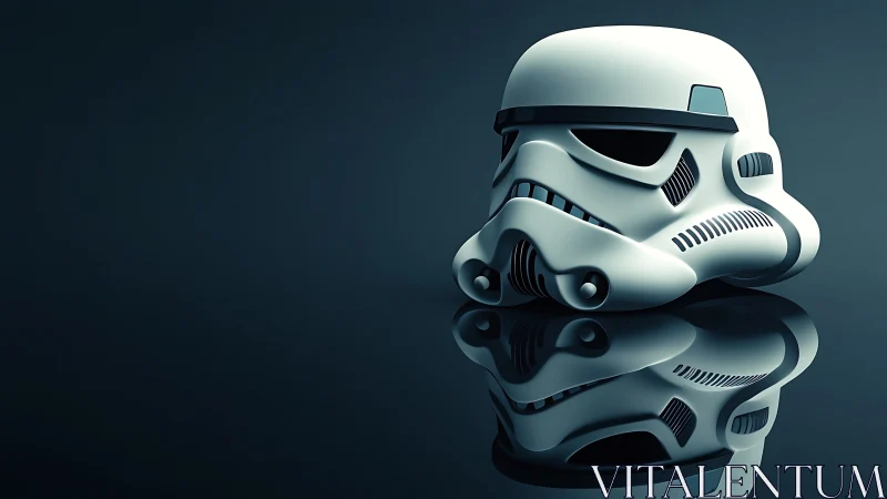 White sci fi helmet rests on reflective dark surface