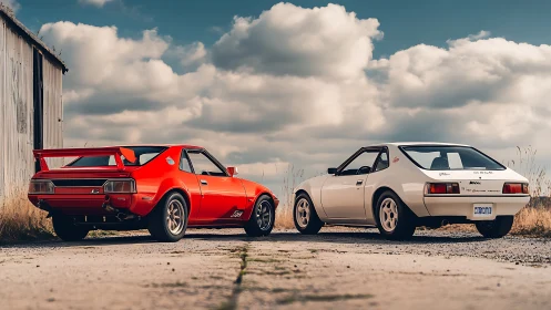 Retro twin sports cars bask under drifting cotton skies.