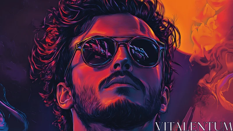 Neon-lit portrait shows confident man in reflective sunglasses