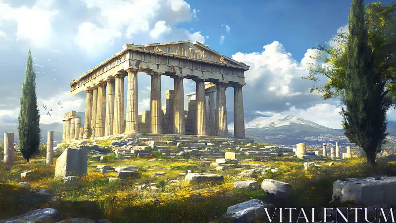 Sunlit Doric temple ruins amid wildflower meadow and mountains.