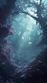 Lush misty forest with teal light and violet foliage.