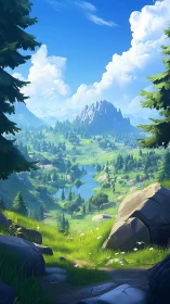 Mountain valley landscape viewed from forested hillside