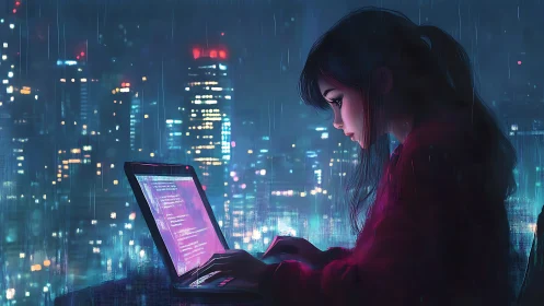 Focused coder works late on laptop before rainy city skyline