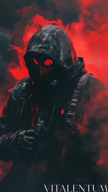 Digital painting of hooded skull-masked figure in red smoke.