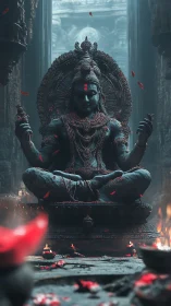 Stone deity breathes crimson stillness through falling petals