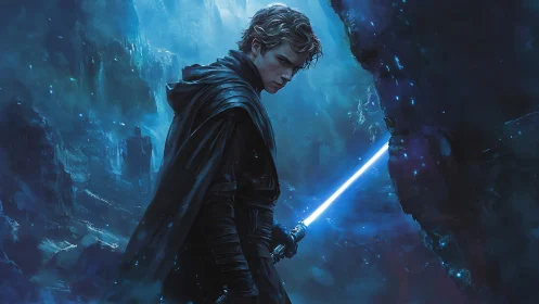 Young cloaked warrior grips blue energy blade in icy cavern