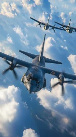 Military transport aircraft formation over bright cloud deck.