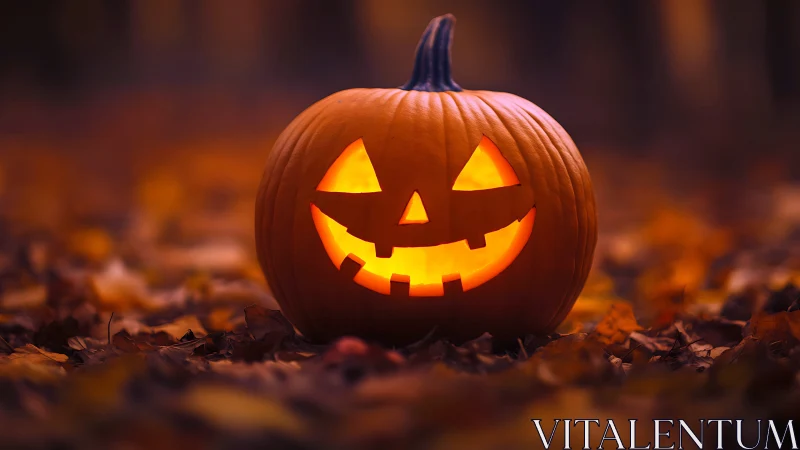 Glowing jack o’ lantern amid soft autumn bokeh at dusk.