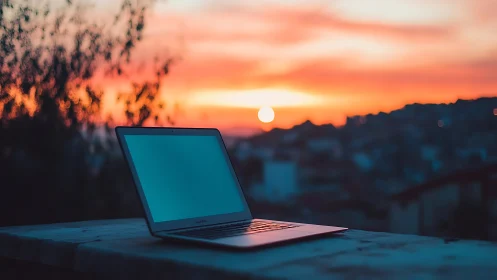 Open laptop silhouette against defocused urban sunset horizon