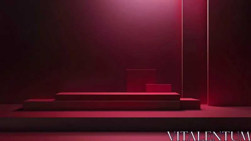 Crimson geometry stage glows in sculpted minimalist silence.