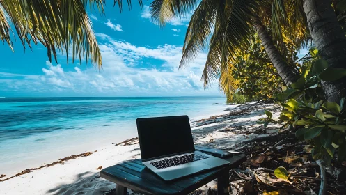 Laptop positioned on beach table with tropical ocean view