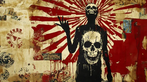 Radiating skeletal silhouette with double-cranium iconography.