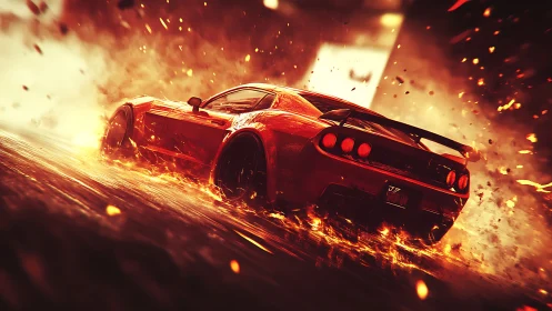 Red sports car drifting through fire and sparks on track.